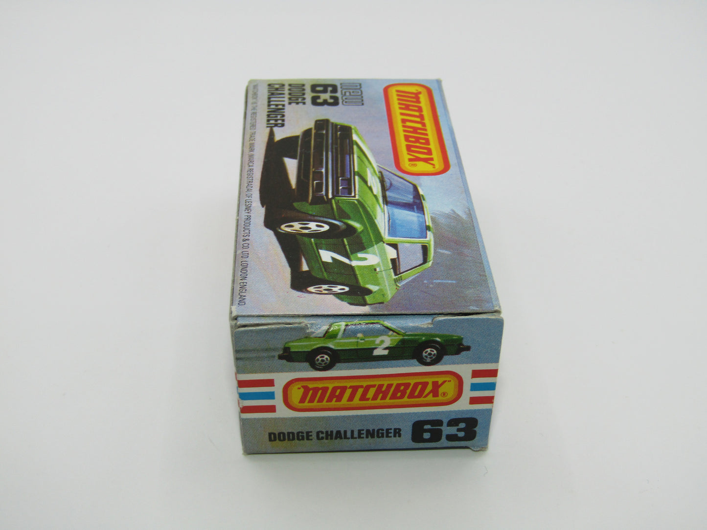 Matchbox Superfast No 63D Dodge Challenger, WHITE Interior, MALTESE Cross Wheels , USA Picture Box