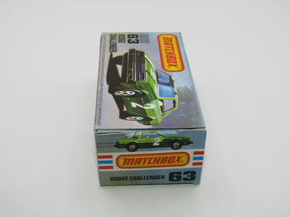 Matchbox Superfast No 63D Dodge Challenger, WHITE Interior, MALTESE Cross Wheels , USA Picture Box