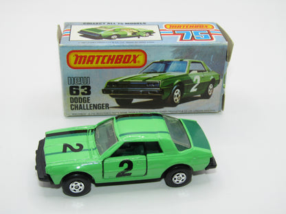 Matchbox Superfast No 63D Dodge Challenger, Green, Green Interior , USA Picture Box