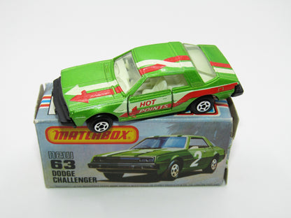 Matchbox Superfast No 63D Dodge Challenger Cast, Galant Eterna Base, Hot Points Tampo , USA Picture Box