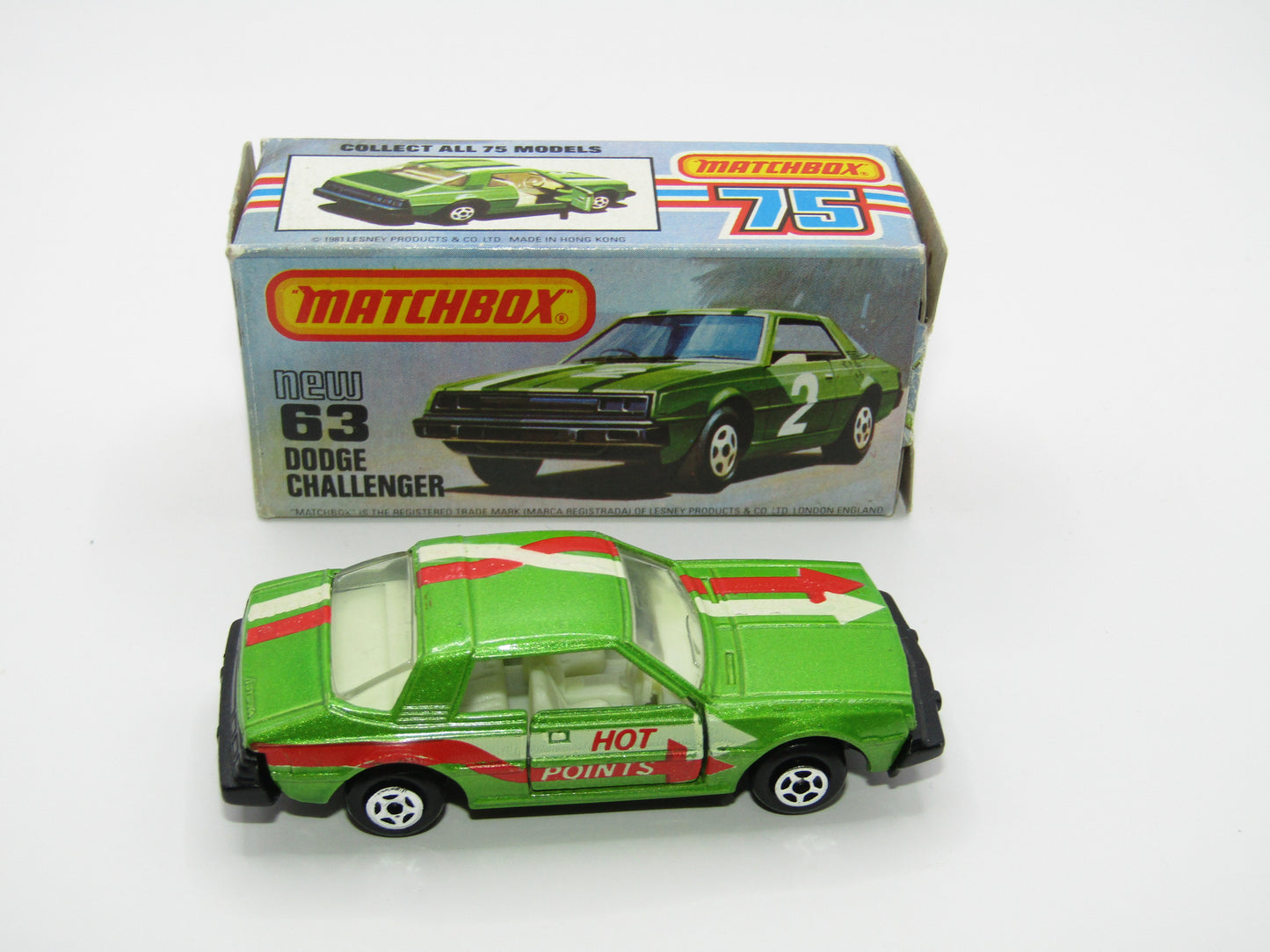 Matchbox Superfast No 63D Dodge Challenger Cast, Galant Eterna Base, Hot Points Tampo , USA Picture Box