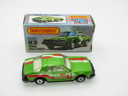 Matchbox Superfast No 63D Dodge Challenger Cast, Galant Eterna Base, Hot Points Tampo , USA Picture Box