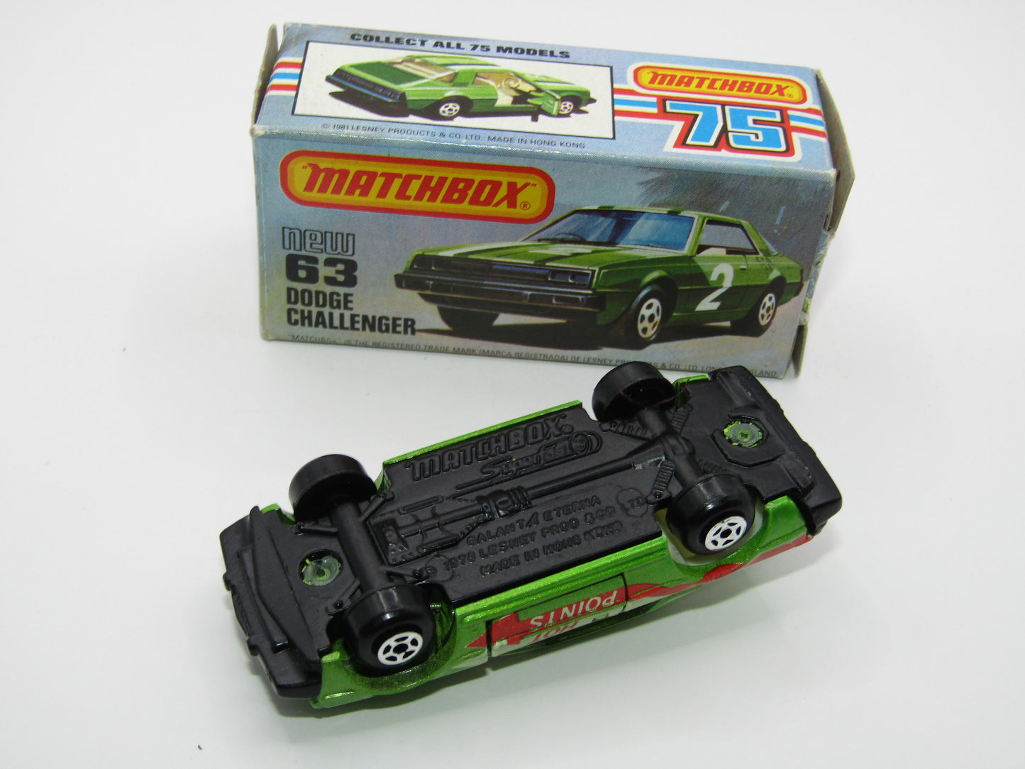 Matchbox Superfast No 63D Dodge Challenger Cast, Galant Eterna Base, Hot Points Tampo , USA Picture Box