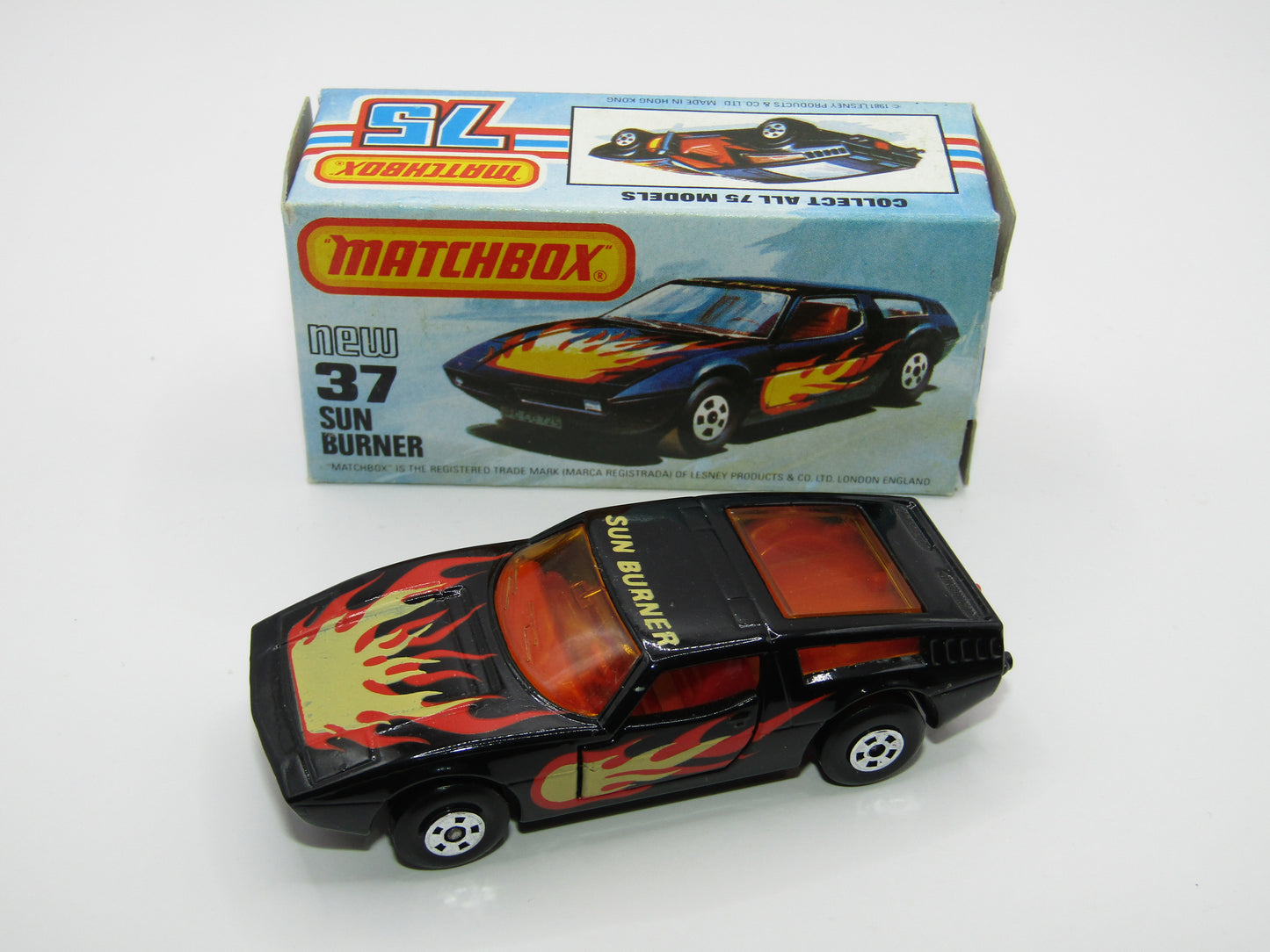 Matchbox Superfast No 37D Sun Burner, MATT BLACK Hong Kong Base, USA Picture Box