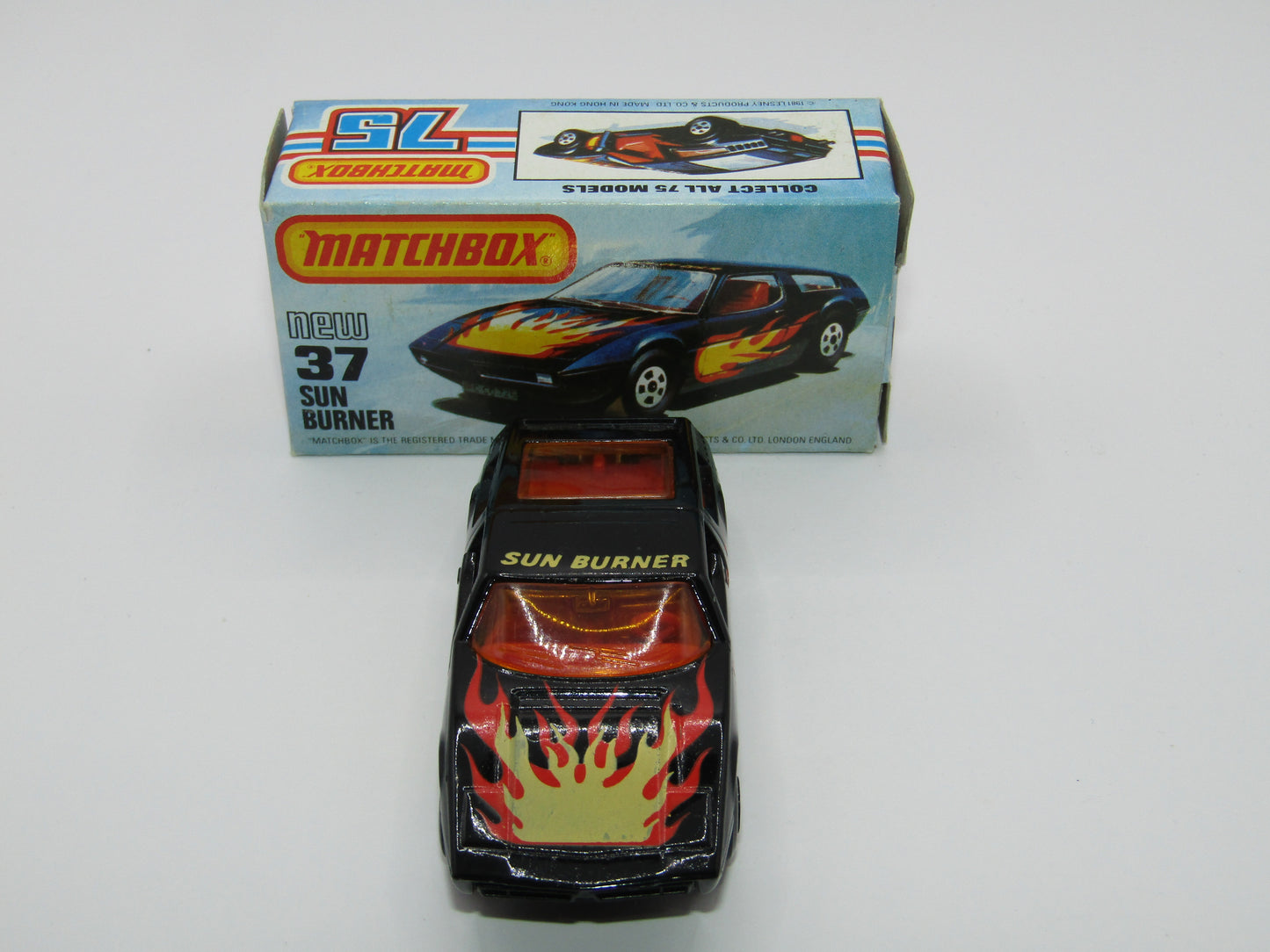 Matchbox Superfast No 37D Sun Burner, MATT BLACK Hong Kong Base, USA Picture Box