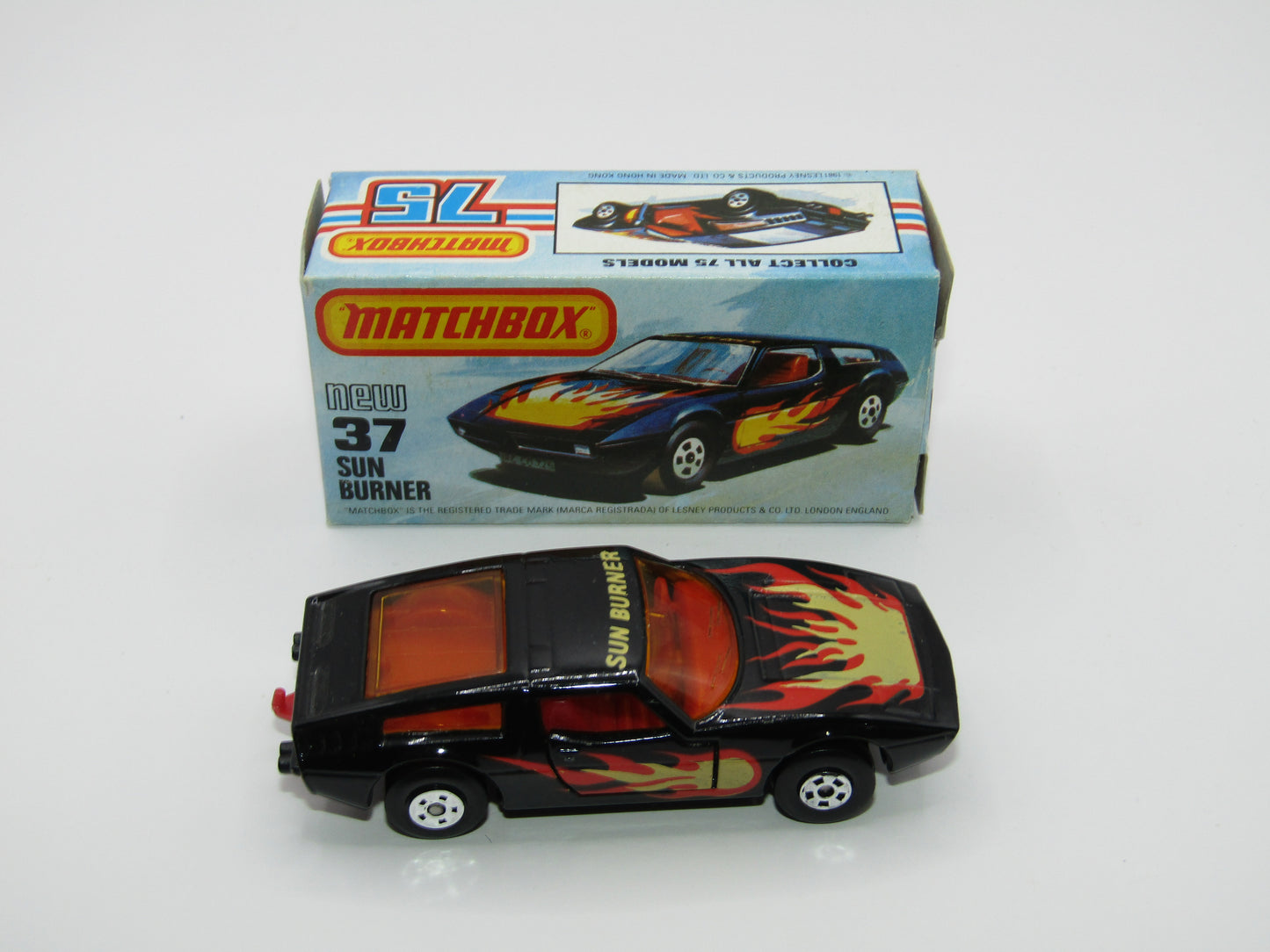 Matchbox Superfast No 37D Sun Burner, MATT BLACK Hong Kong Base, USA Picture Box