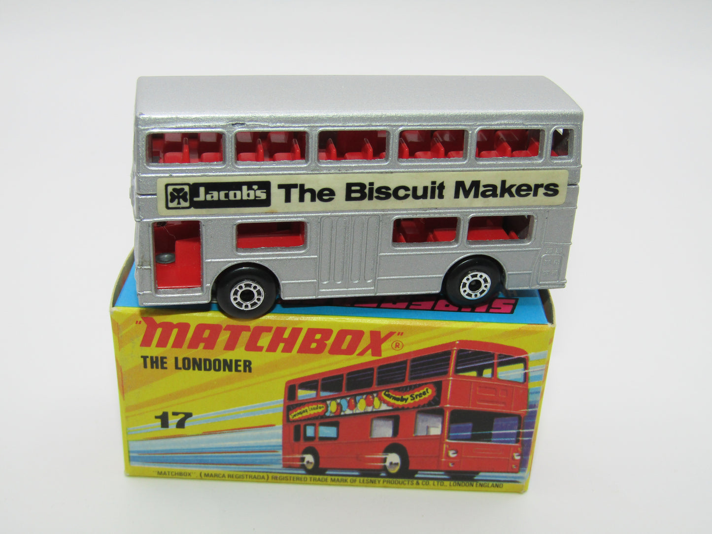 Matchbox Superfast No 17B The Londoner JACOBS SILVER, Dot Dash Wheels, Metallic Charcoal Grey Base