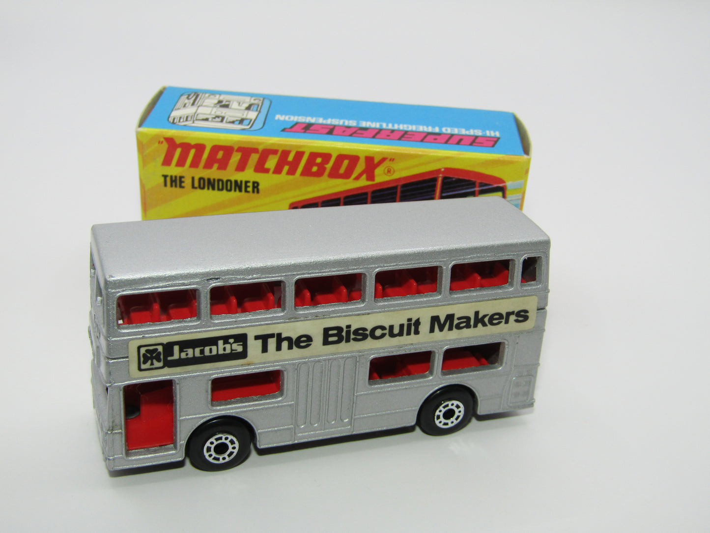 Matchbox Superfast No 17B The Londoner JACOBS SILVER, Dot Dash Wheels, Metallic Charcoal Grey Base