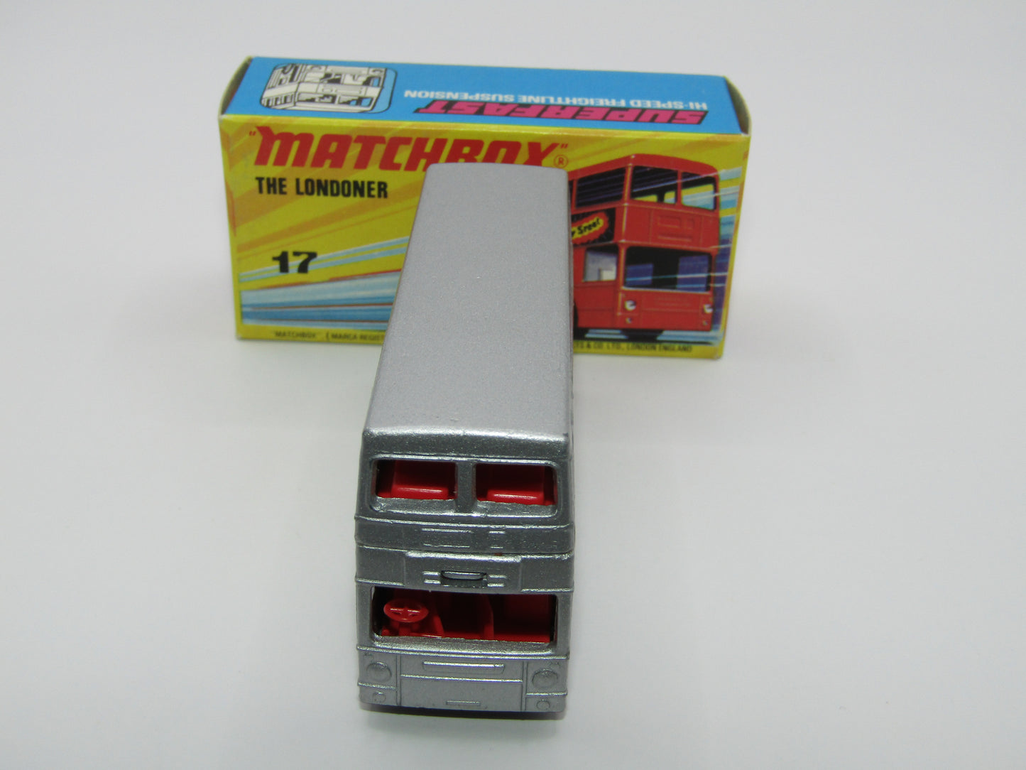 Matchbox Superfast No 17B The Londoner JACOBS SILVER, Dot Dash Wheels, Metallic Charcoal Grey Base