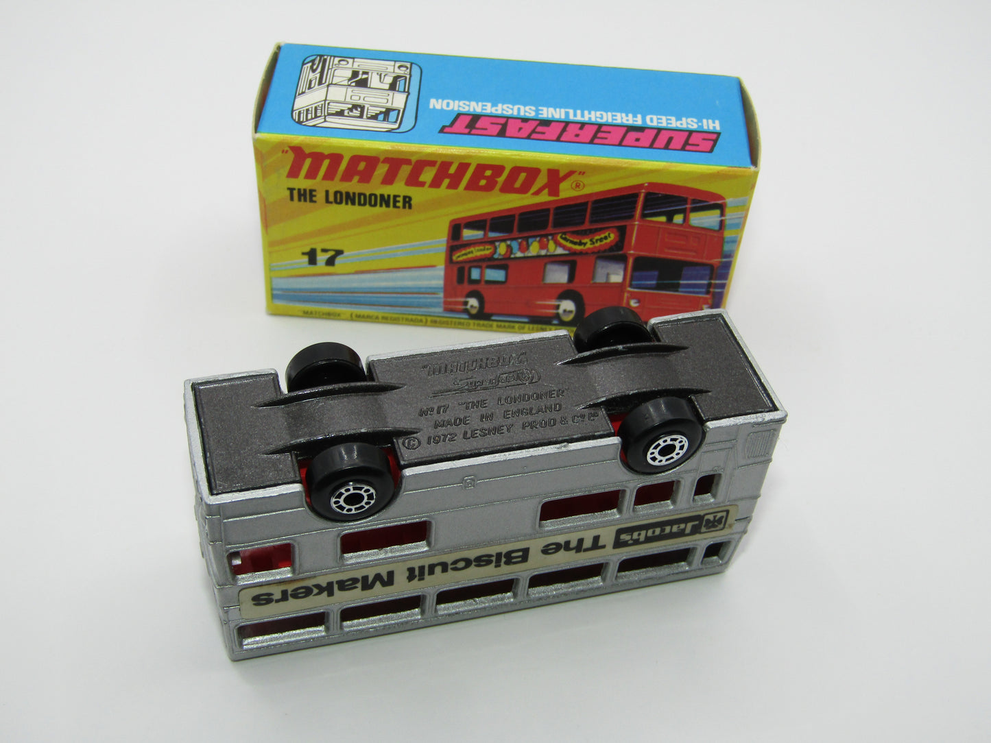 Matchbox Superfast No 17B The Londoner JACOBS SILVER, Dot Dash Wheels, Metallic Charcoal Grey Base