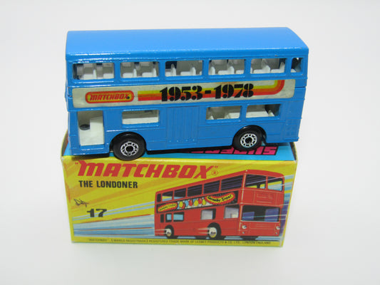 Matchbox Superfast No 17B The Londoner, BLUE 1953-1978 Matchbox Labels, Gloss Black Base