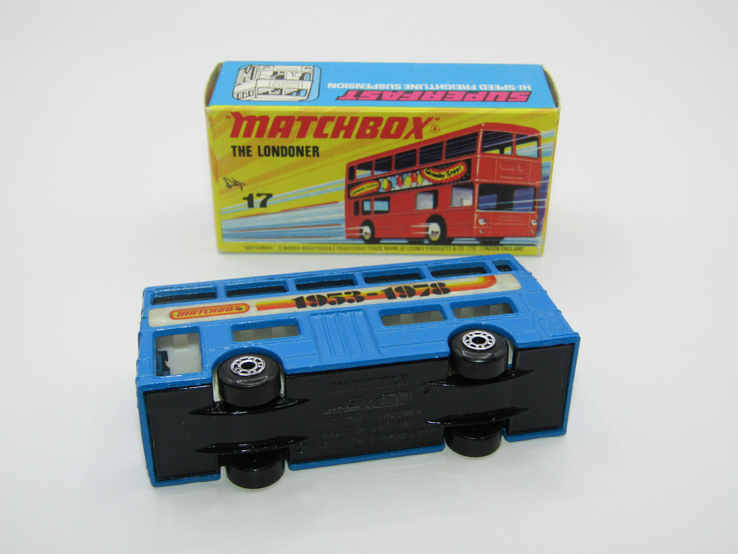 Matchbox Superfast No 17B The Londoner, BLUE 1953-1978 Matchbox Labels, Gloss Black Base