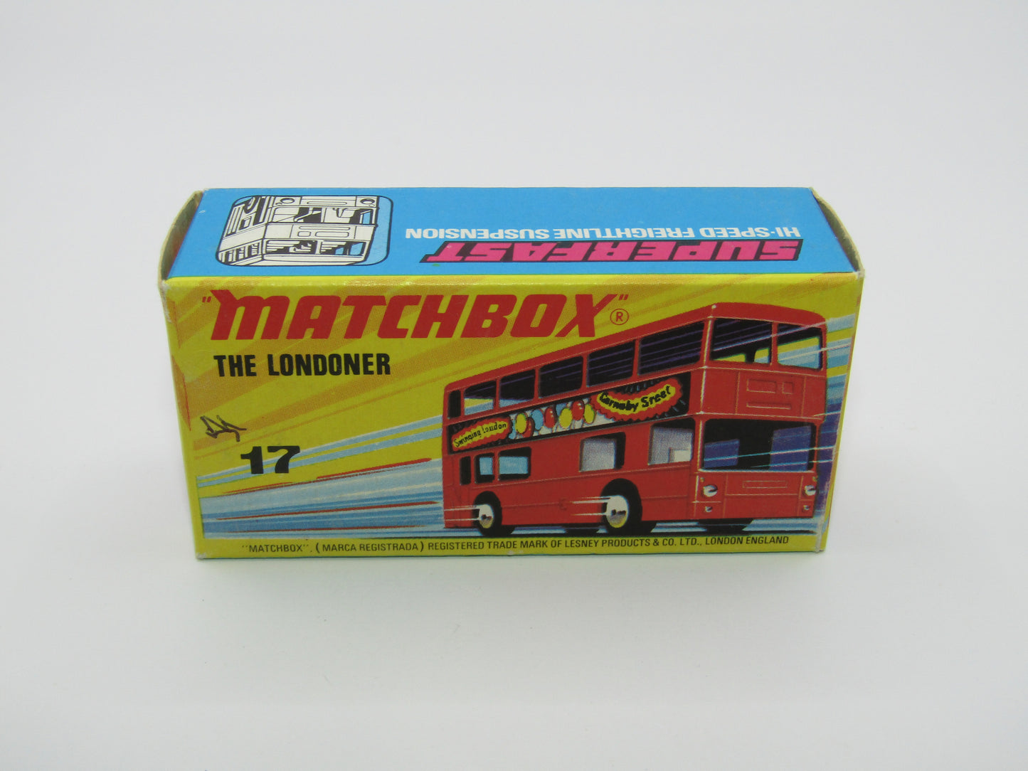 Matchbox Superfast No 17B The Londoner, BLUE 1953-1978 Matchbox Labels, Gloss Black Base