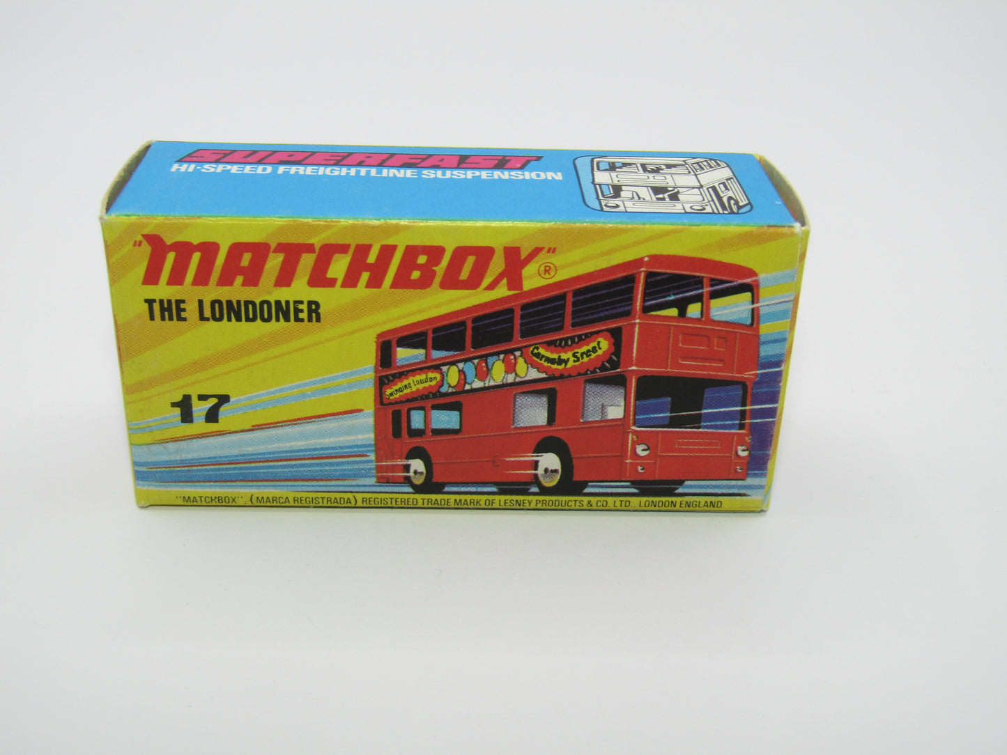 Matchbox Superfast No 17B The Londoner, BLUE 1953-1978 Matchbox Labels, Gloss Black Base
