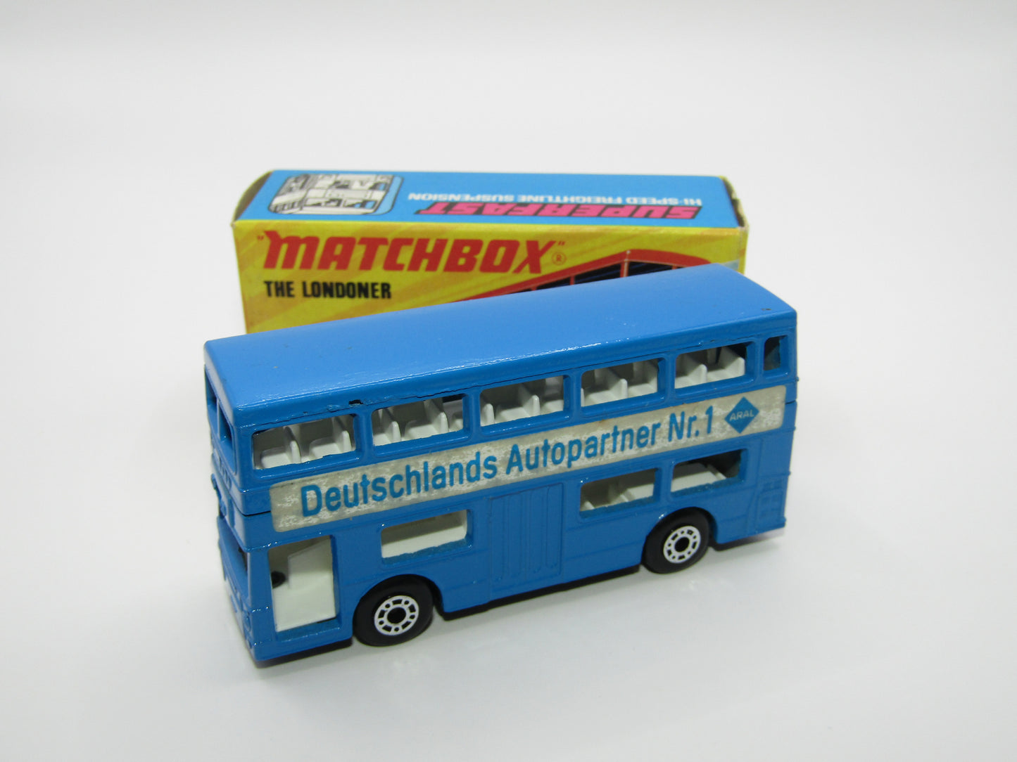 Matchbox Superfast No 17B The Londoner, BLUE - ARAL - Deutschlands Autopartner Nr. 1 FLAT BLACK BASE