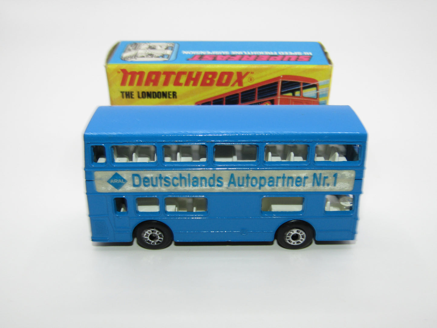Matchbox Superfast No 17B The Londoner, BLUE - ARAL - Deutschlands Autopartner Nr. 1 FLAT BLACK BASE