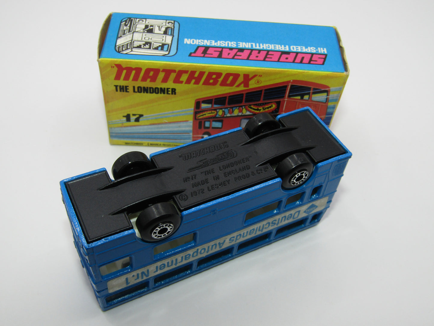 Matchbox Superfast No 17B The Londoner, BLUE - ARAL - Deutschlands Autopartner Nr. 1 FLAT BLACK BASE