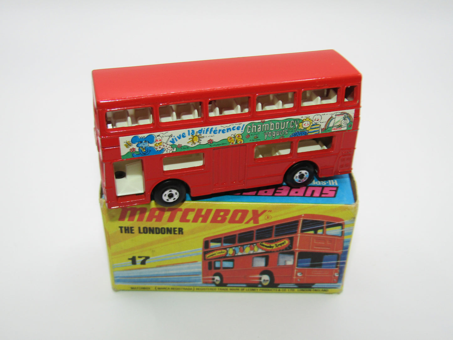 Matchbox Superfast No 17B The Londoner, Chambourcy Yogurts, 5 Spoke Wheels, Gloss Black Base