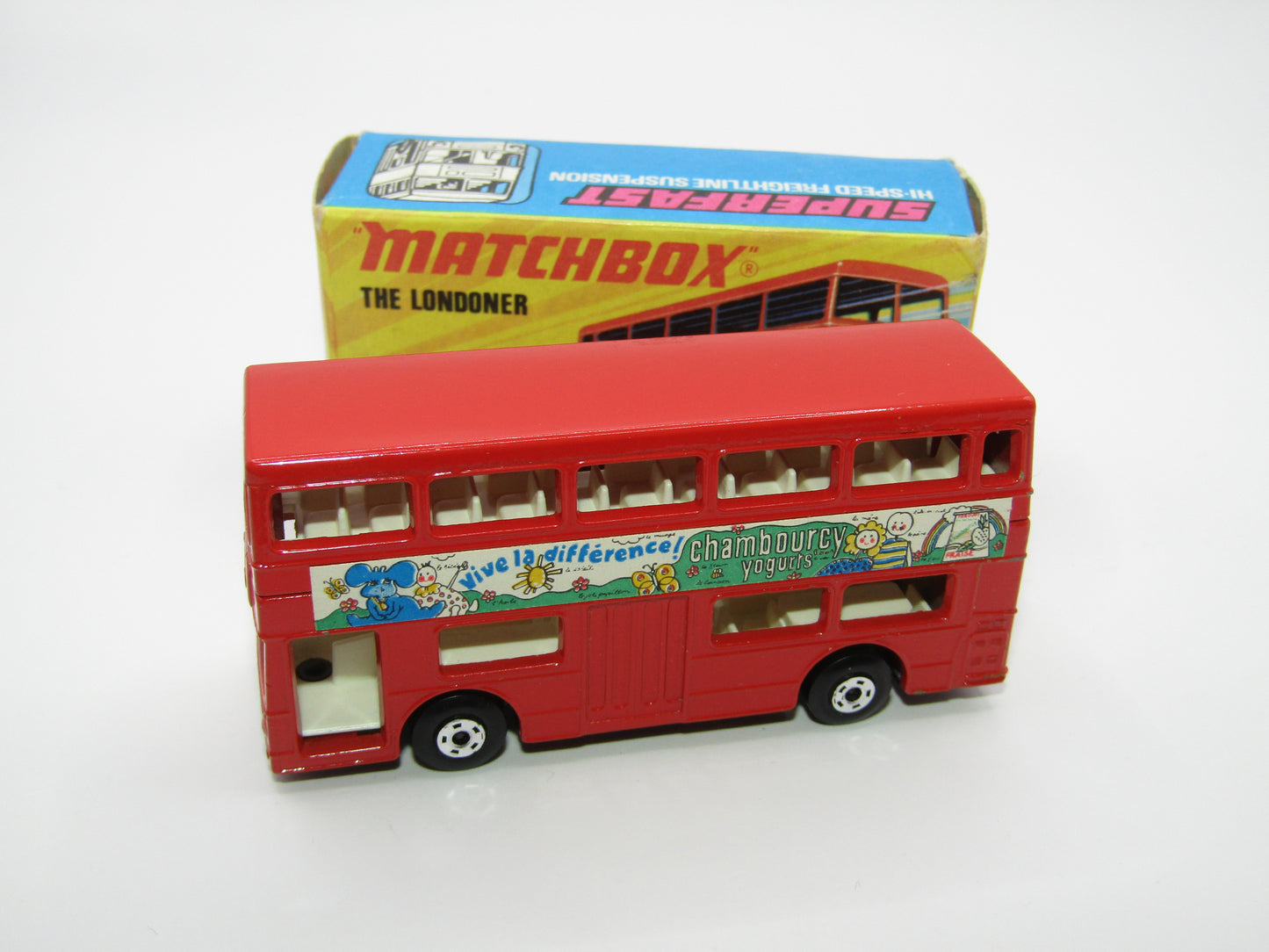 Matchbox Superfast No 17B The Londoner, Chambourcy Yogurts, 5 Spoke Wheels, Gloss Black Base