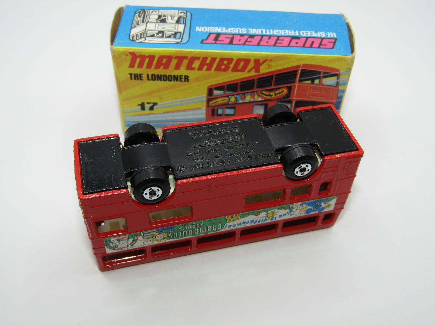 Matchbox Superfast No 17B The Londoner, Chambourcy Yogurts, 5 Spoke Wheels, Gloss Black Base