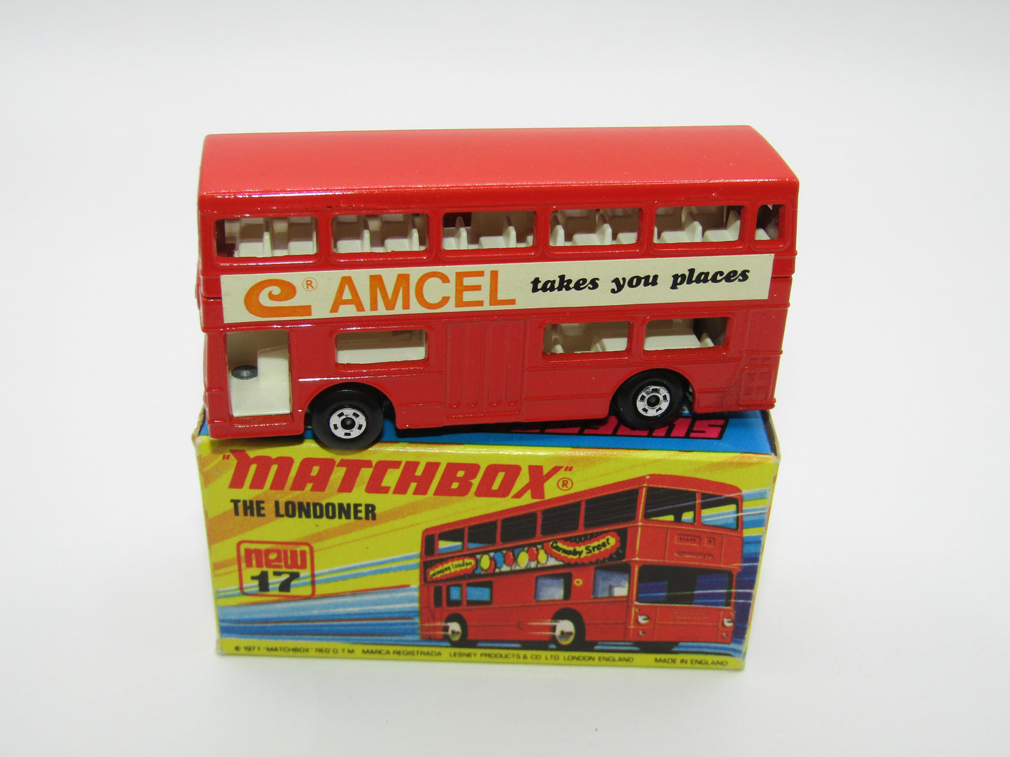 Matchbox Superfast No 17B The Londoner, AMCEL, 5 Spoke Wheels, Gloss Black Base
