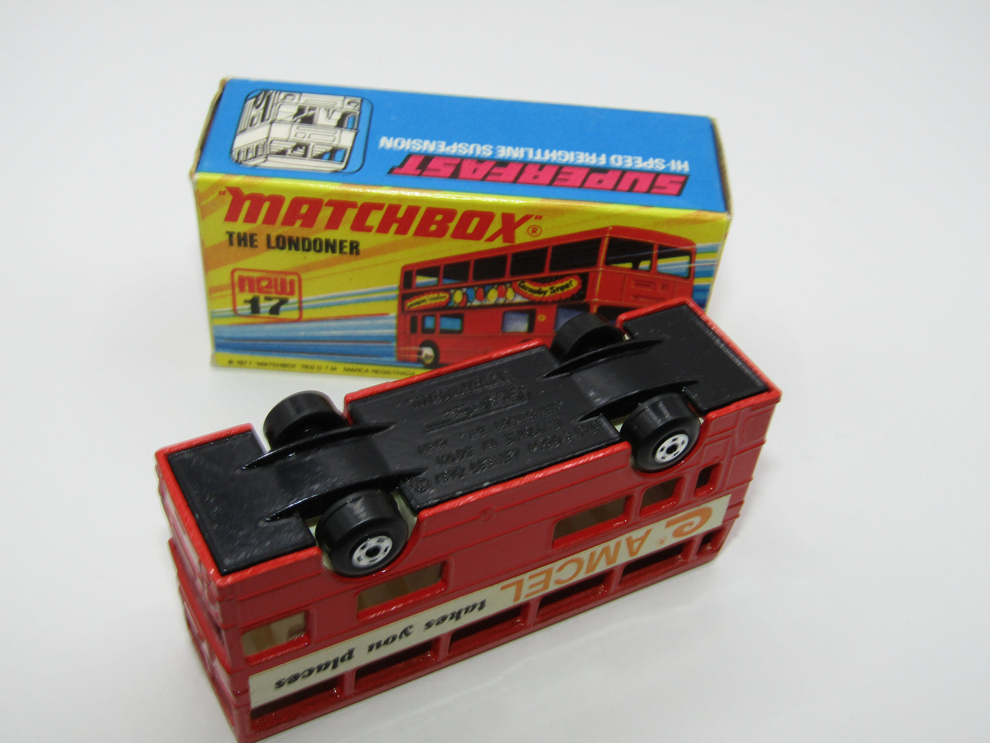 Matchbox Superfast No 17B The Londoner, AMCEL, 5 Spoke Wheels, Gloss Black Base