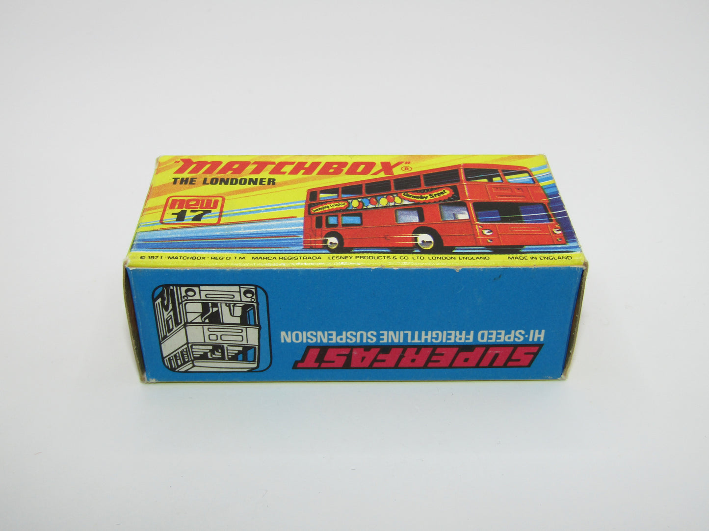 Matchbox Superfast No 17B The Londoner, AMCEL, 5 Spoke Wheels, Gloss Black Base