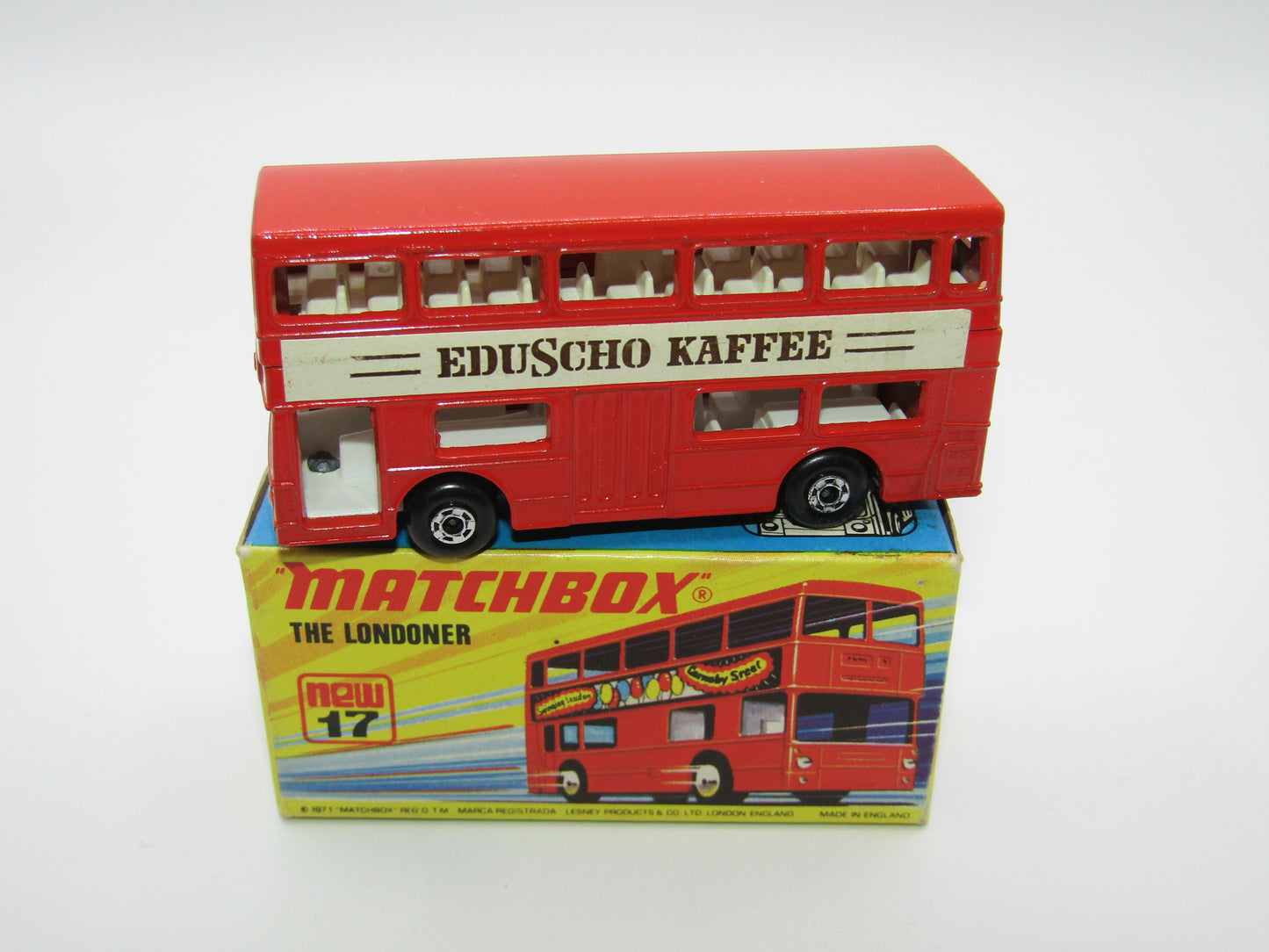 Matchbox Superfast No 17B The Londoner, EDUSCHO KAFFEE, 5 Spoke Wheels, Gloss Black Base