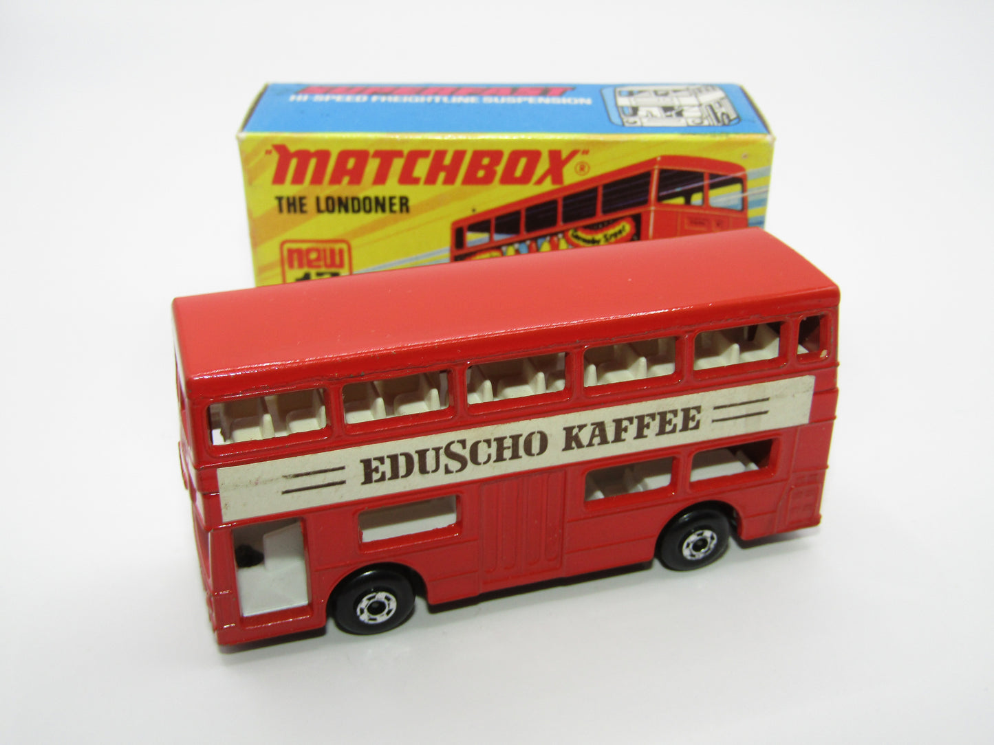 Matchbox Superfast No 17B The Londoner, EDUSCHO KAFFEE, 5 Spoke Wheels, Gloss Black Base