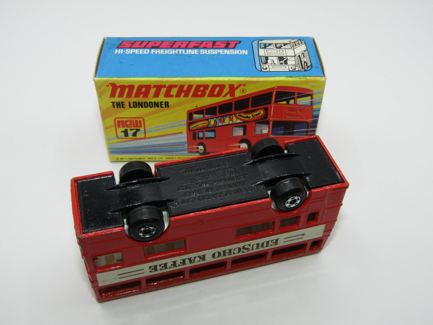 Matchbox Superfast No 17B The Londoner, EDUSCHO KAFFEE, 5 Spoke Wheels, Gloss Black Base