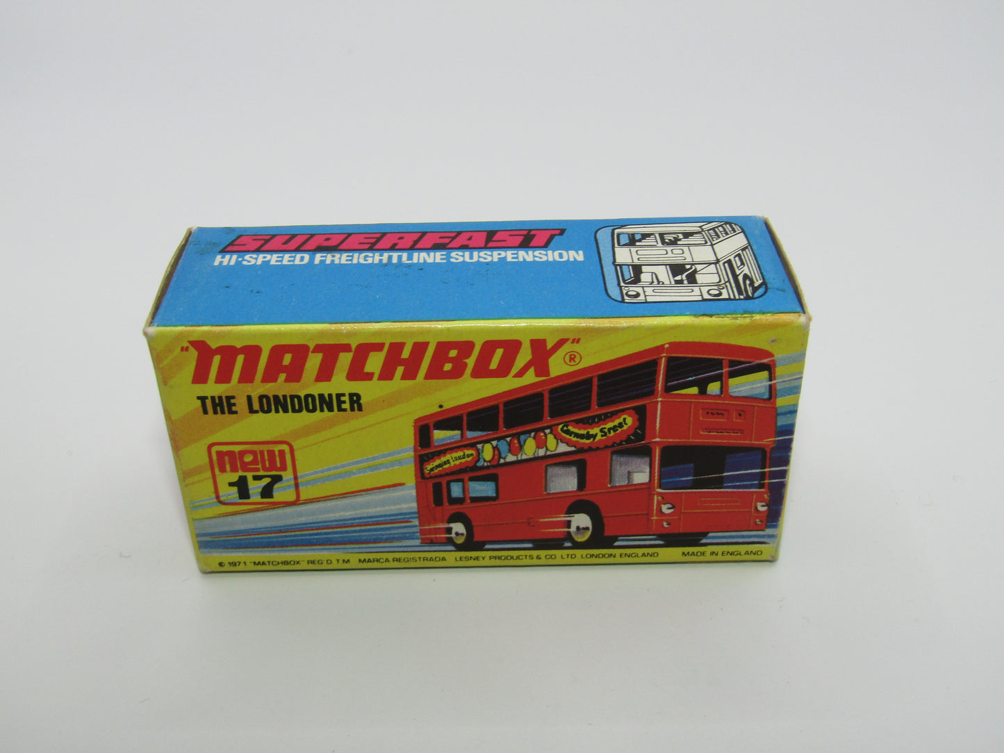 Matchbox Superfast No 17B The Londoner, EDUSCHO KAFFEE, 5 Spoke Wheels, Gloss Black Base