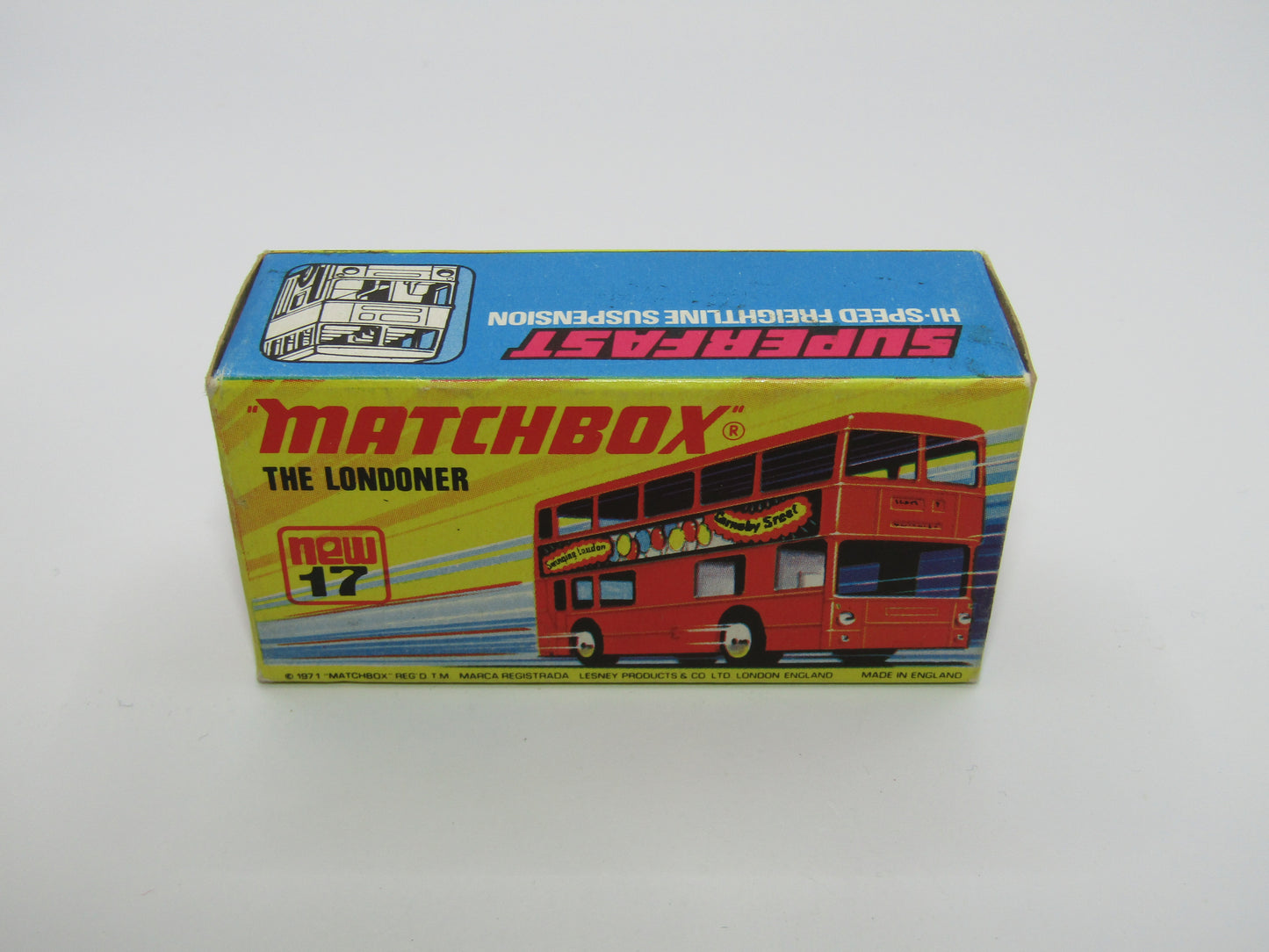 Matchbox Superfast No 17B The Londoner, EDUSCHO KAFFEE, 5 Spoke Wheels, Gloss Black Base