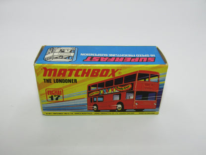 Matchbox Superfast No 17B The Londoner, RED Silver Jubilee, LIGHT YELLOW Interior, Dot Dash Wheels, BLACK PLASTIC BASE