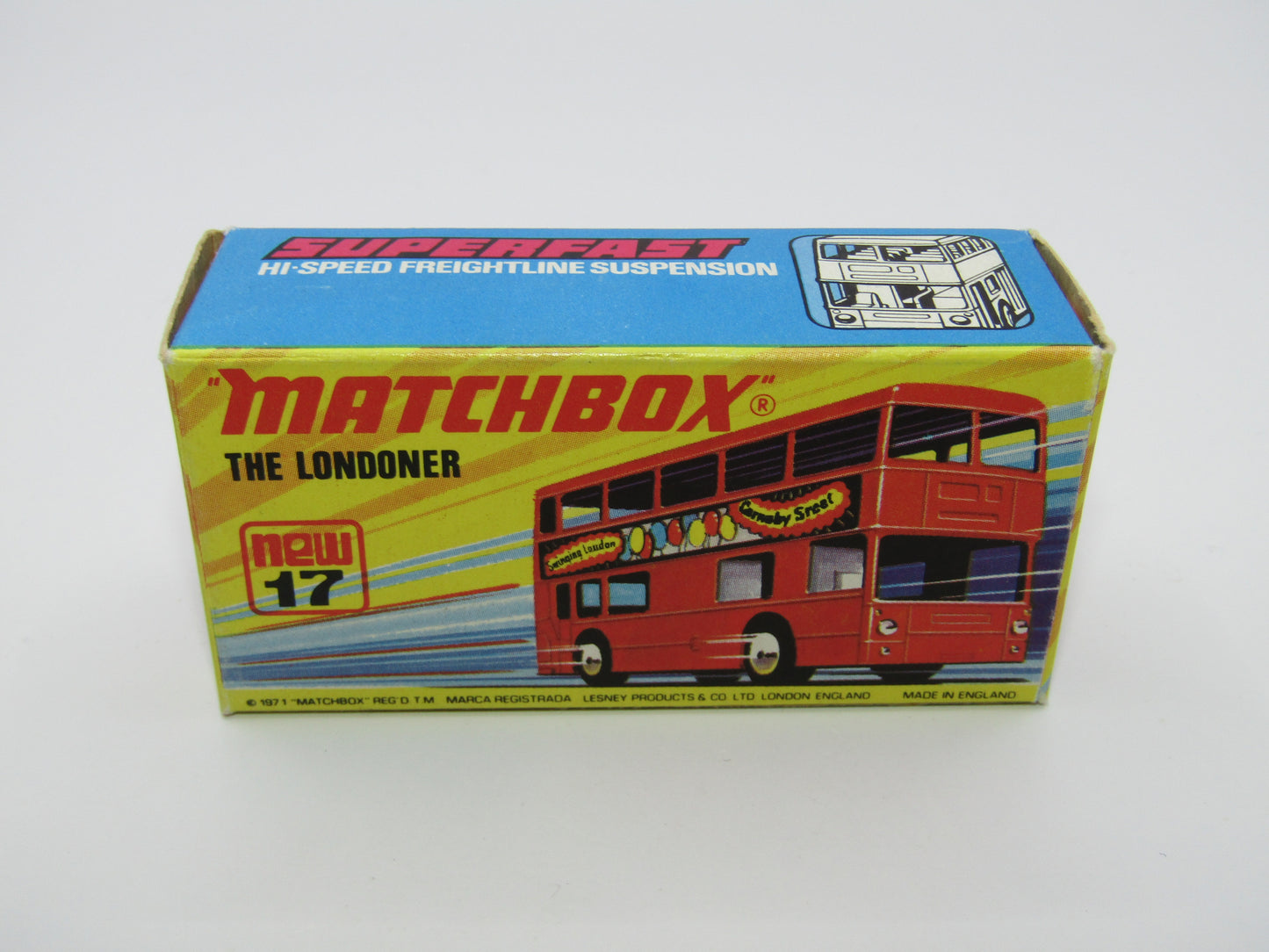 Matchbox Superfast No 17B The Londoner, ESSO EXTRA PETROL, 5 Spoke Wheels, Gloss Black Base